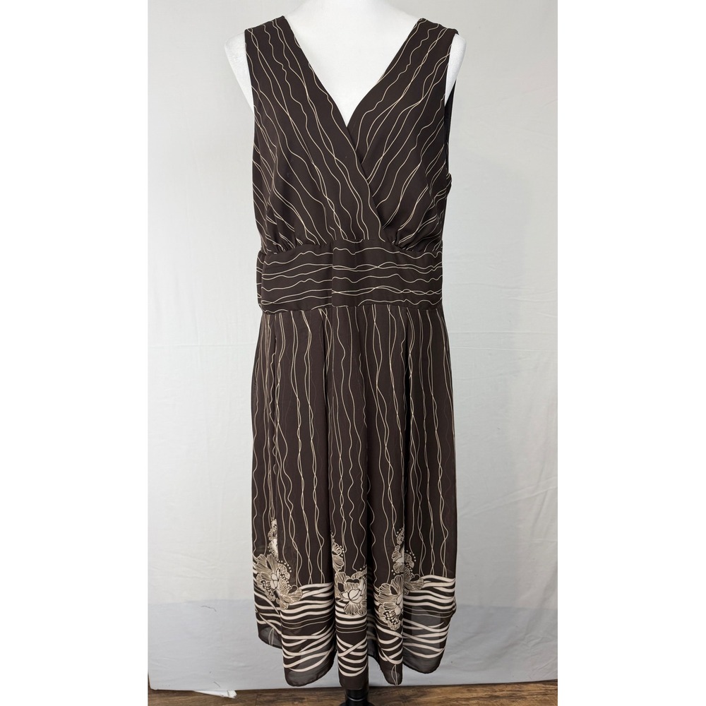 Studio‎ I Faux Wrap Midi Women 16 Brown Floral Border Print Sleeveless V-Neck